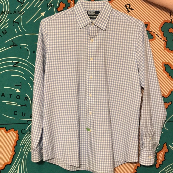 Blue and white check button up Polo - Picture 3 of 6